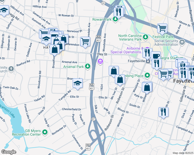 map of restaurants, bars, coffee shops, grocery stores, and more near 808 Branson Street in Fayetteville