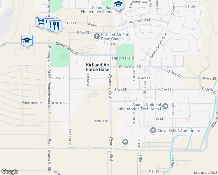 map of restaurants, bars, coffee shops, grocery stores, and more near 1551 Wyoming Boulevard Southeast in Albuquerque