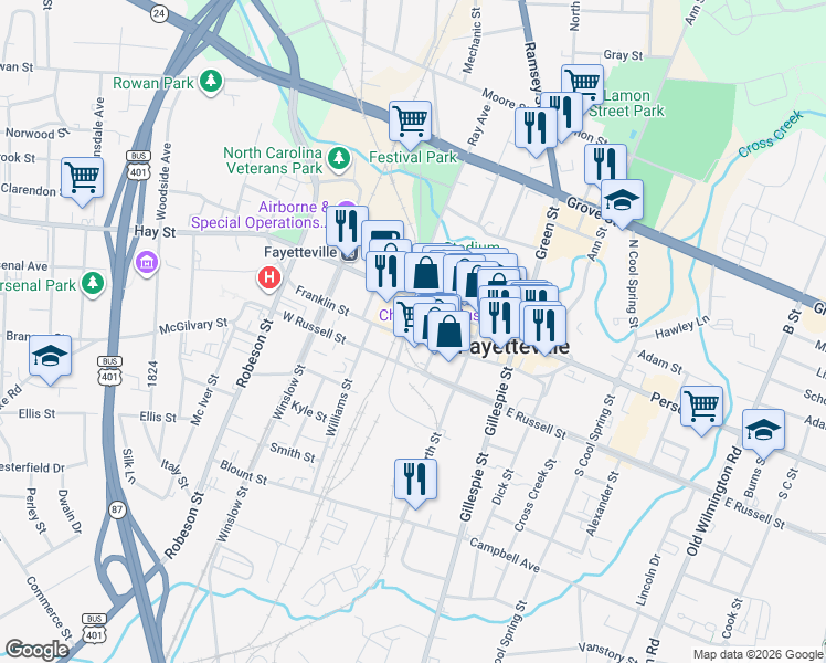 map of restaurants, bars, coffee shops, grocery stores, and more near 138 Pennmark Place in Fayetteville