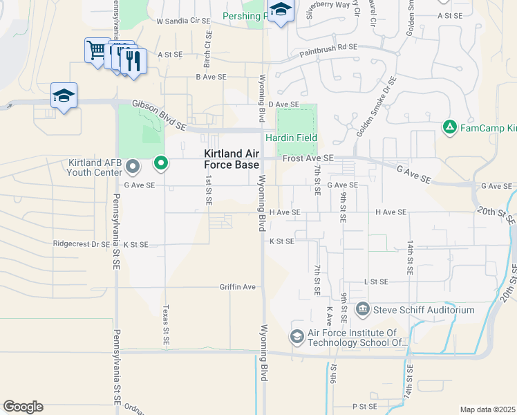 map of restaurants, bars, coffee shops, grocery stores, and more near 1551 Wyoming Boulevard Southeast in Albuquerque