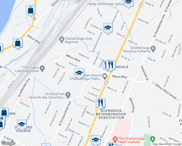 map of restaurants, bars, coffee shops, grocery stores, and more near 1310 Roanoke Avenue in Chattanooga