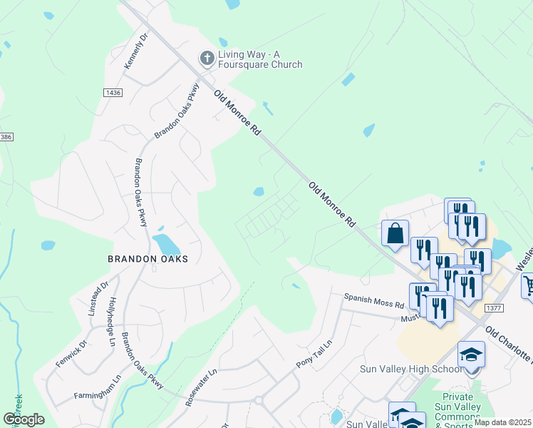 map of restaurants, bars, coffee shops, grocery stores, and more near 5916 Old Monroe Road in Indian Trail
