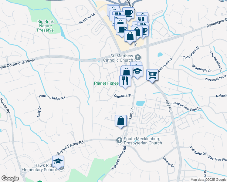 map of restaurants, bars, coffee shops, grocery stores, and more near 8218 Southgate Commons Drive in Charlotte