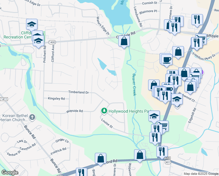 map of restaurants, bars, coffee shops, grocery stores, and more near 3139 Wisteria Lane in Fayetteville