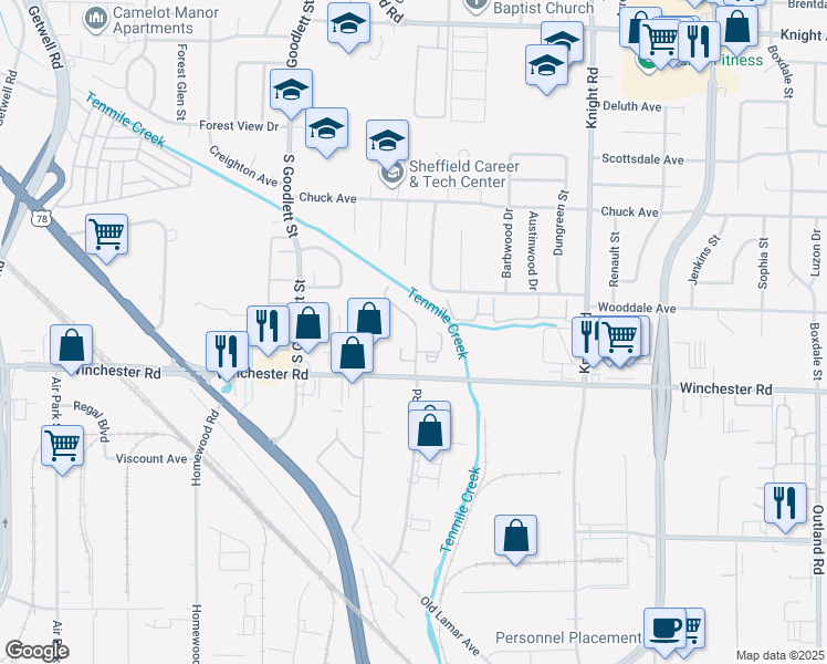 map of restaurants, bars, coffee shops, grocery stores, and more near 3541 Mediterranean Drive in Memphis