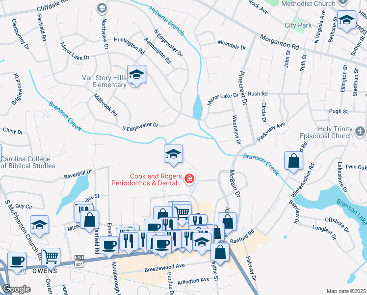 map of restaurants, bars, coffee shops, grocery stores, and more near 555 Winding Creek Road in Fayetteville