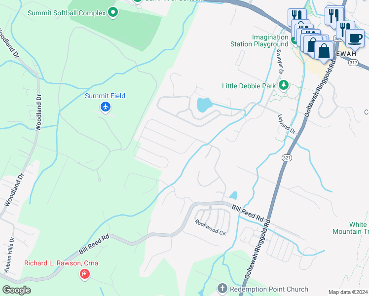 map of restaurants, bars, coffee shops, grocery stores, and more near 9596 Hastings Way in Ooltewah