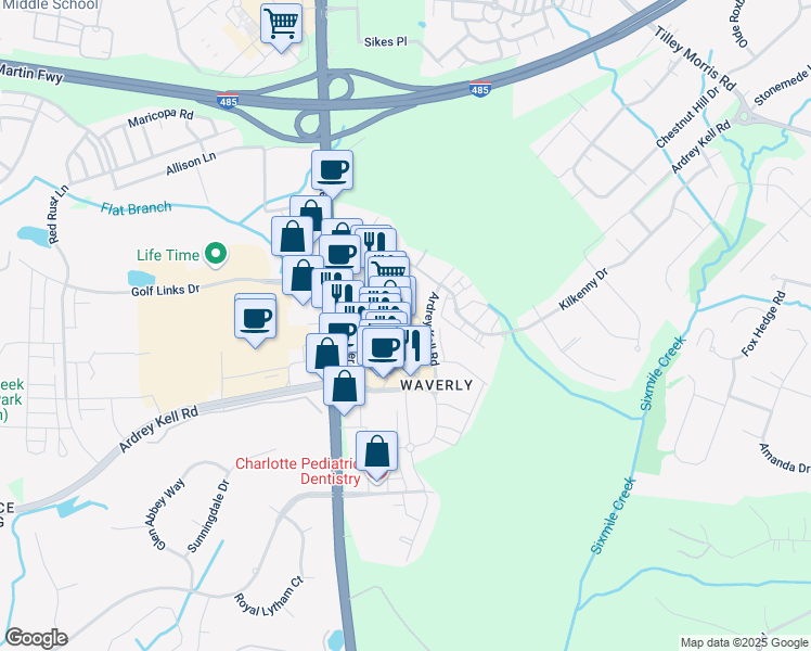 map of restaurants, bars, coffee shops, grocery stores, and more near 6311 Southgrove Street in Charlotte