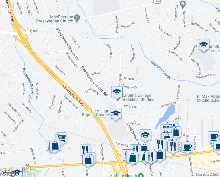 map of restaurants, bars, coffee shops, grocery stores, and more near 705 Shopton Court in Fayetteville