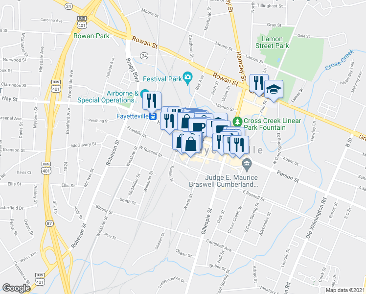 map of restaurants, bars, coffee shops, grocery stores, and more near 139 Pennmark Place in Fayetteville