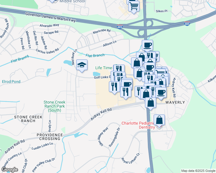 map of restaurants, bars, coffee shops, grocery stores, and more near 7420 N Rea Park Ln in Charlotte