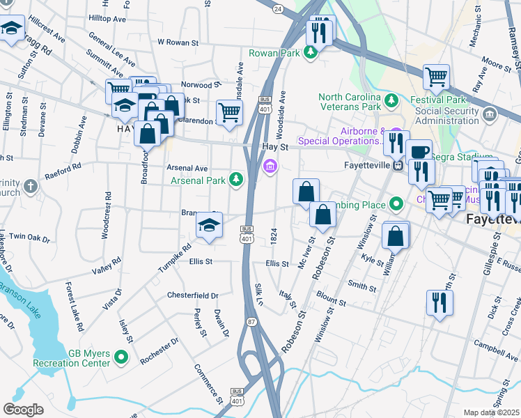 map of restaurants, bars, coffee shops, grocery stores, and more near 808 Branson Street in Fayetteville