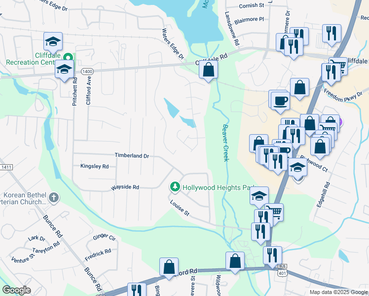 map of restaurants, bars, coffee shops, grocery stores, and more near 3119 Wisteria Lane in Fayetteville