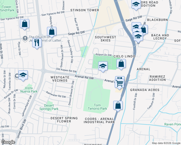 map of restaurants, bars, coffee shops, grocery stores, and more near 7016 Dona Adelina Avenue Southwest in Albuquerque
