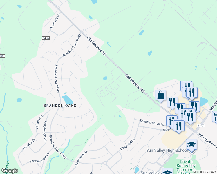 map of restaurants, bars, coffee shops, grocery stores, and more near 5916 Old Monroe Road in Indian Trail
