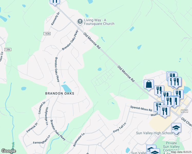 map of restaurants, bars, coffee shops, grocery stores, and more near 6024 Old Monroe Road in Indian Trail