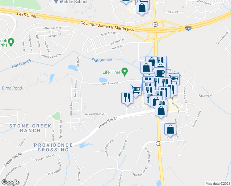 map of restaurants, bars, coffee shops, grocery stores, and more near 7420 N Rea Park Ln in Charlotte