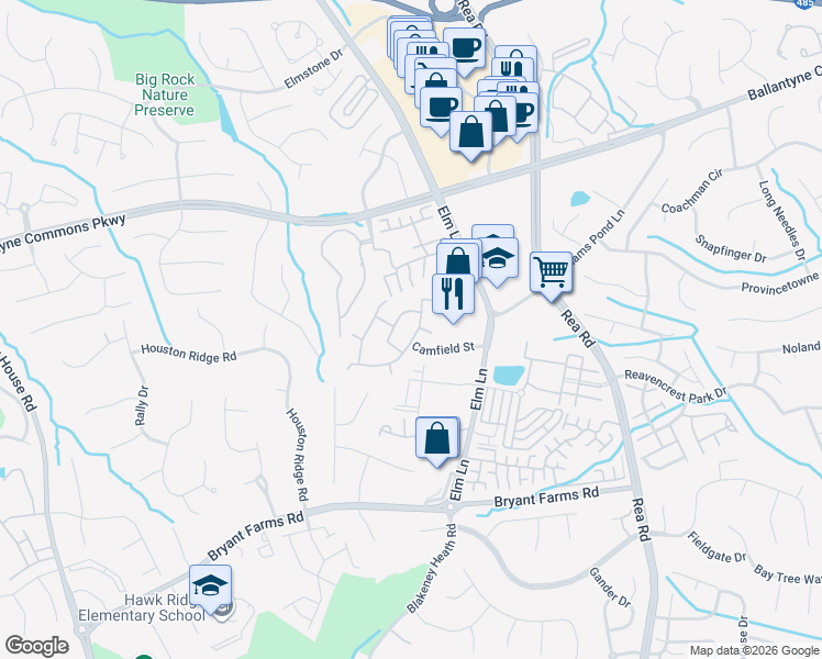 map of restaurants, bars, coffee shops, grocery stores, and more near 8218 Southgate Commons Drive in Charlotte