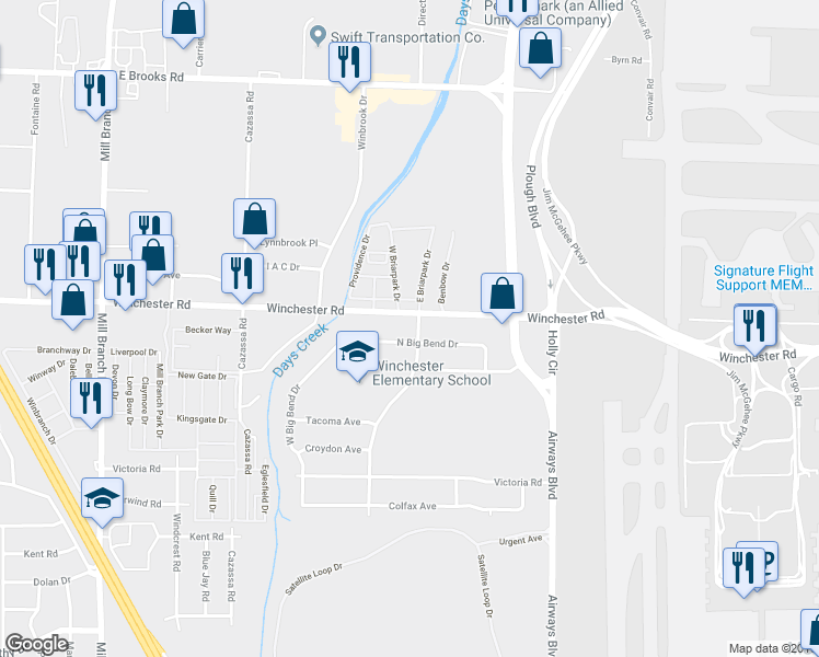 map of restaurants, bars, coffee shops, grocery stores, and more near 2050 Winchester Road in Memphis