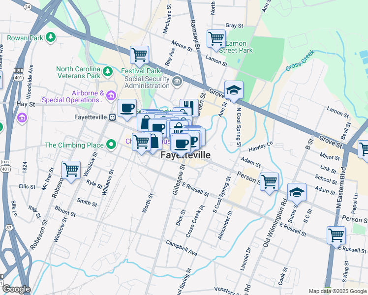 map of restaurants, bars, coffee shops, grocery stores, and more near 126 Hay Street in Fayetteville