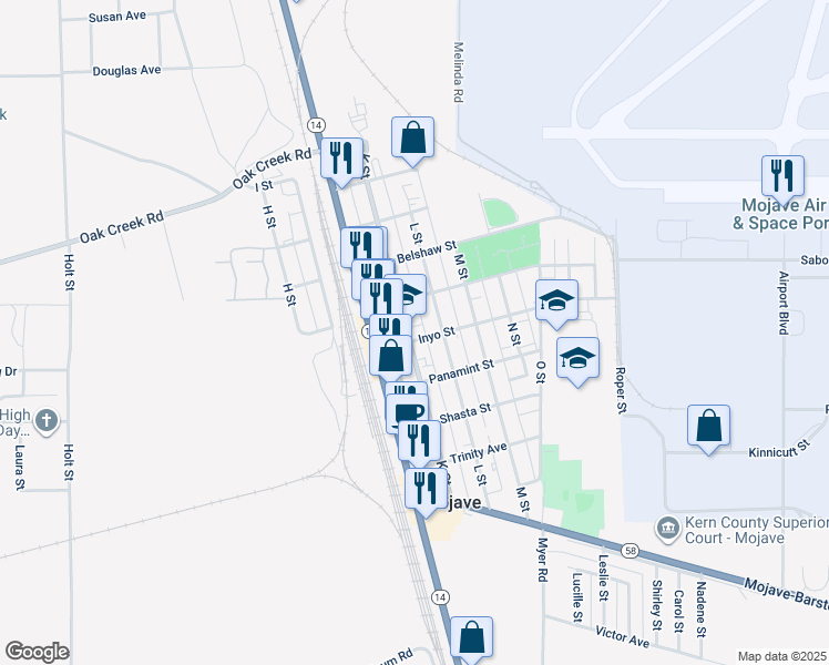 map of restaurants, bars, coffee shops, grocery stores, and more near 15926 K Street in Mojave