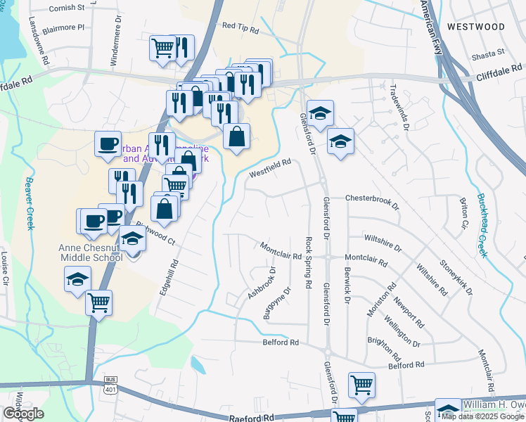 map of restaurants, bars, coffee shops, grocery stores, and more near 608 Wallingford Court in Fayetteville