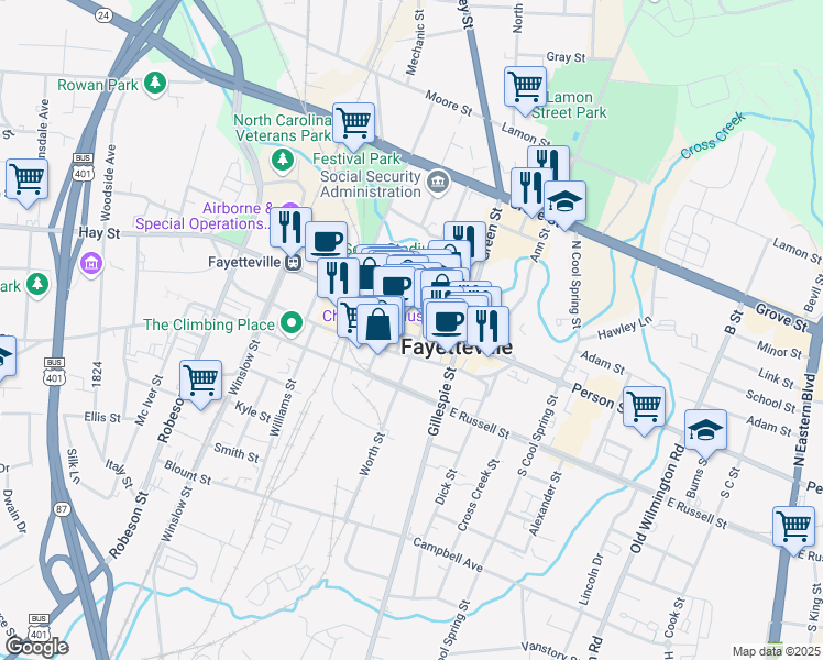 map of restaurants, bars, coffee shops, grocery stores, and more near 230 Hay Street in Fayetteville