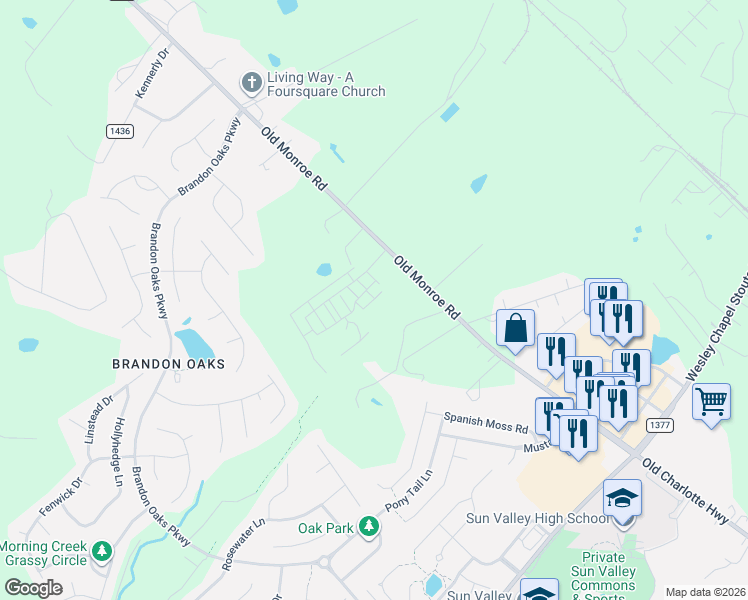 map of restaurants, bars, coffee shops, grocery stores, and more near Planters Trace Lane in Indian Trail