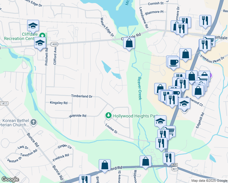 map of restaurants, bars, coffee shops, grocery stores, and more near 3119 Wisteria Lane in Fayetteville