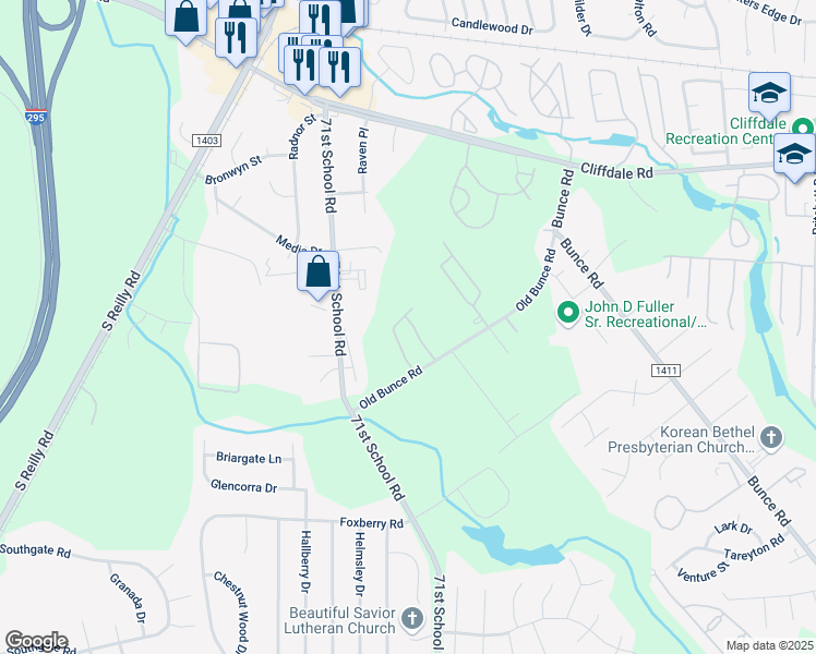 map of restaurants, bars, coffee shops, grocery stores, and more near 618 Covey Drive in Fayetteville