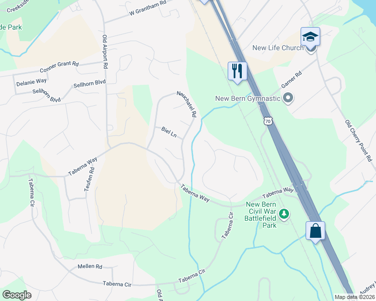 map of restaurants, bars, coffee shops, grocery stores, and more near 128 Neuchatel Road in New Bern