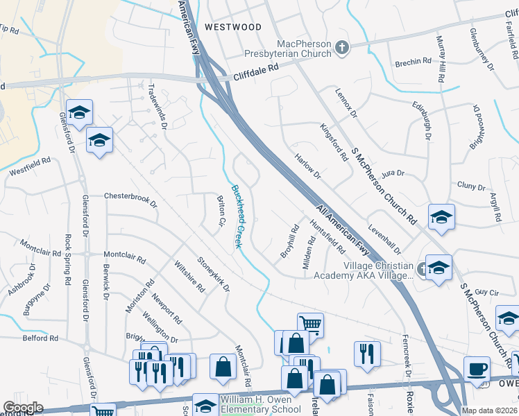 map of restaurants, bars, coffee shops, grocery stores, and more near 4376 Ferncreek Drive in Fayetteville