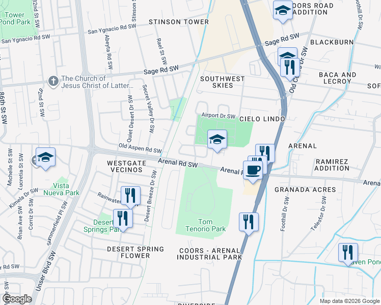 map of restaurants, bars, coffee shops, grocery stores, and more near 7016 Dona Adelina Avenue Southwest in Albuquerque