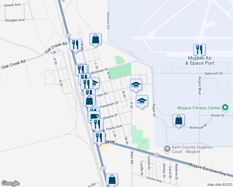 map of restaurants, bars, coffee shops, grocery stores, and more near 15923 M Street in Mojave