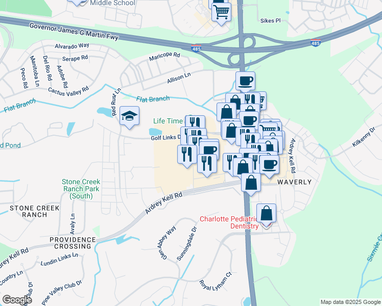 map of restaurants, bars, coffee shops, grocery stores, and more near 9805 Sandy Rock Place in Charlotte