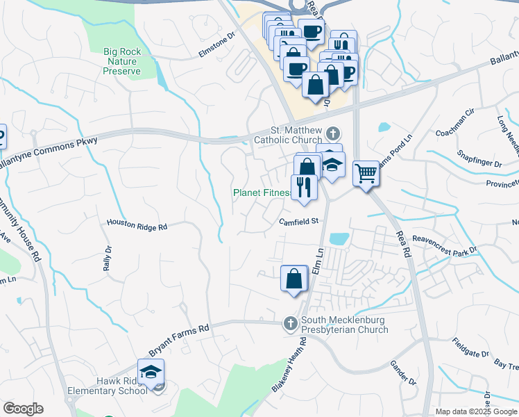 map of restaurants, bars, coffee shops, grocery stores, and more near 8208 Churchton Place in Charlotte