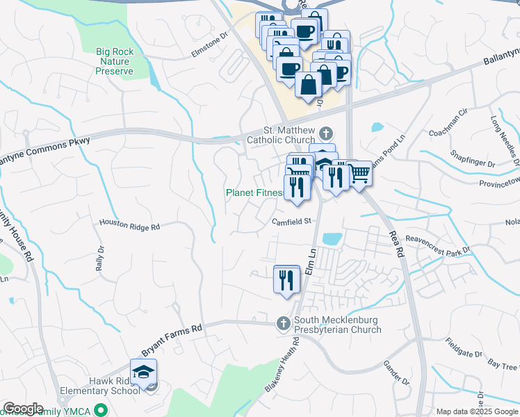 map of restaurants, bars, coffee shops, grocery stores, and more near 11315 Churchton Place in Charlotte