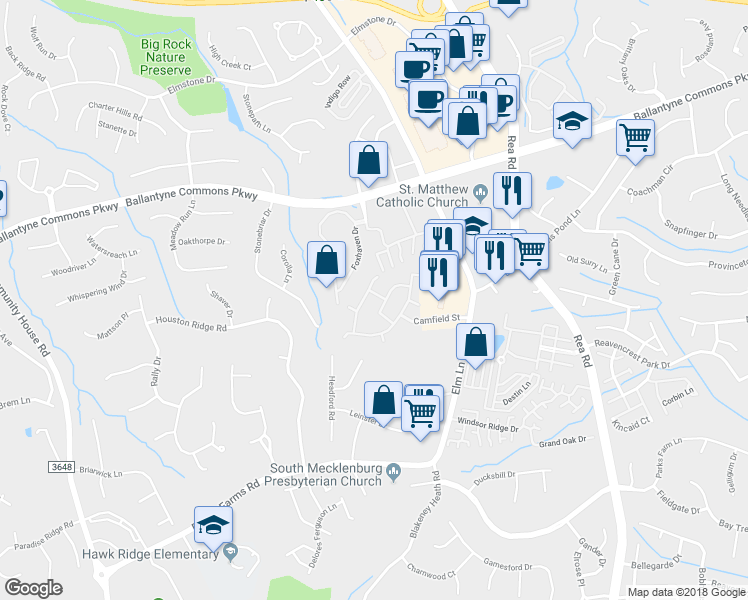 map of restaurants, bars, coffee shops, grocery stores, and more near 8208 Churchton Place in Charlotte