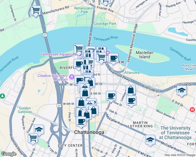 map of restaurants, bars, coffee shops, grocery stores, and more near 135 East 3rd Street in Chattanooga