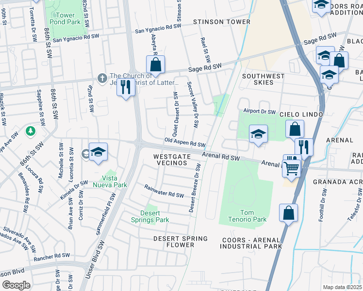 map of restaurants, bars, coffee shops, grocery stores, and more near 1615 Secret Valley Drive Southwest in Albuquerque