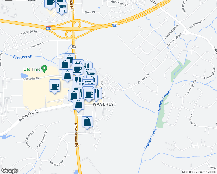 map of restaurants, bars, coffee shops, grocery stores, and more near 13002 Butters Way in Charlotte