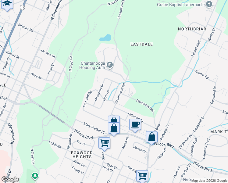 map of restaurants, bars, coffee shops, grocery stores, and more near 1715 Cambridge Drive in Chattanooga