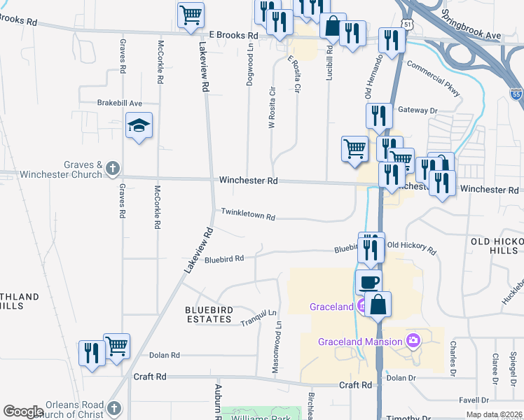 map of restaurants, bars, coffee shops, grocery stores, and more near 924 Twinkletown Road in Memphis