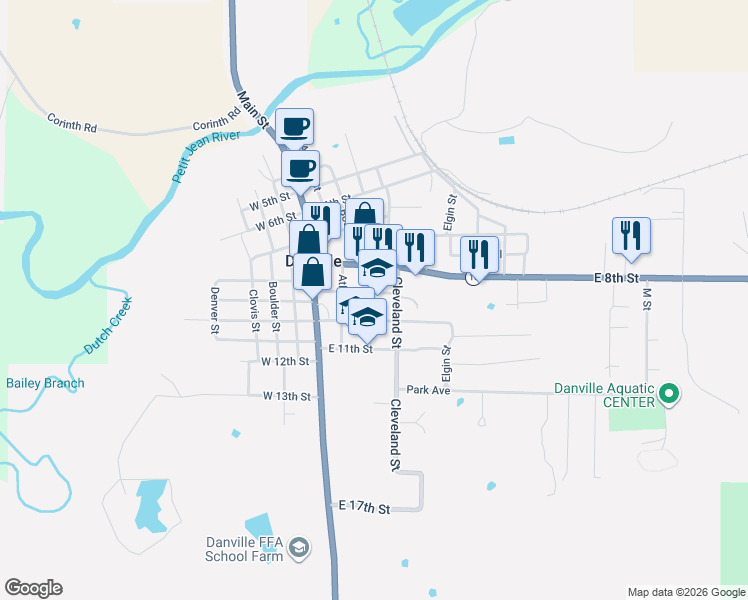 map of restaurants, bars, coffee shops, grocery stores, and more near 203 East 9th Street in Danville