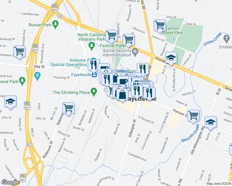 map of restaurants, bars, coffee shops, grocery stores, and more near 119 Pennmark Place in Fayetteville