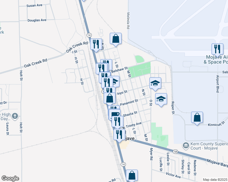 map of restaurants, bars, coffee shops, grocery stores, and more near 15926 K Street in Mojave