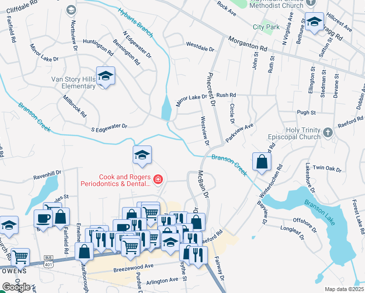 map of restaurants, bars, coffee shops, grocery stores, and more near 2229 Westhaven Drive in Fayetteville
