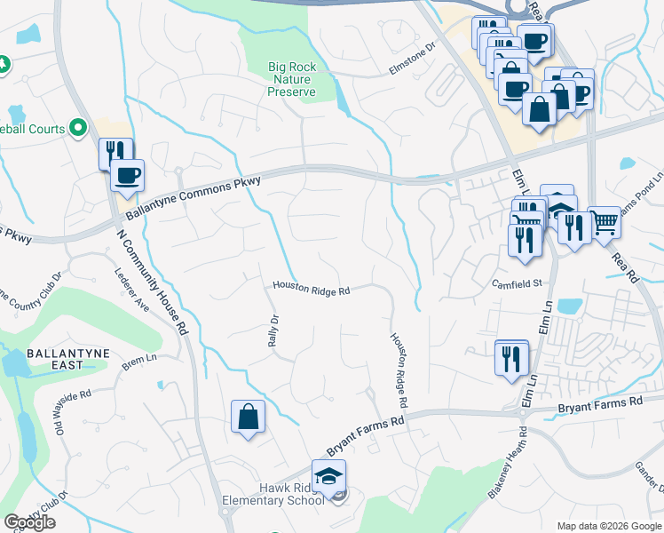 map of restaurants, bars, coffee shops, grocery stores, and more near 8809 Shaver Drive in Charlotte