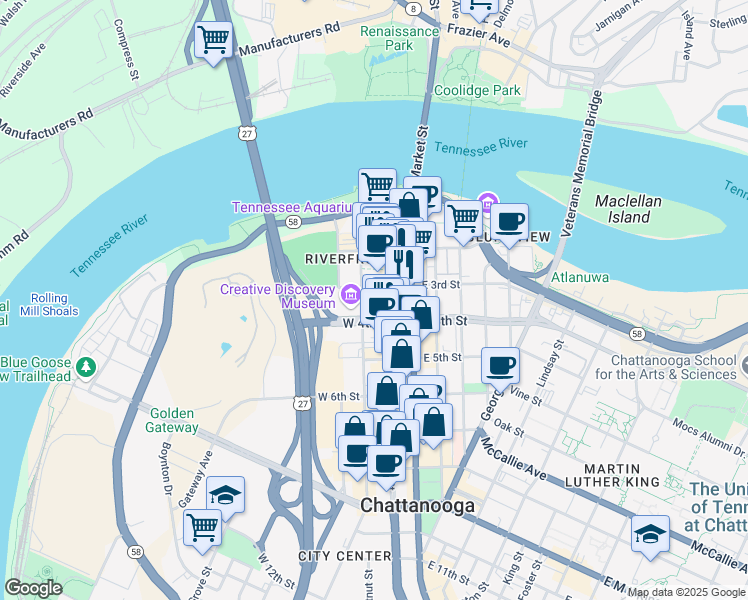 map of restaurants, bars, coffee shops, grocery stores, and more near 311 Broad Street in Chattanooga