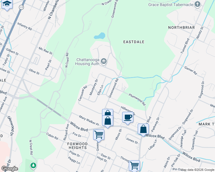 map of restaurants, bars, coffee shops, grocery stores, and more near 1715 Cambridge Drive in Chattanooga